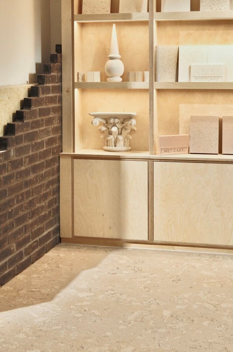 Pale cork flooring and cabinetry in a modern interior