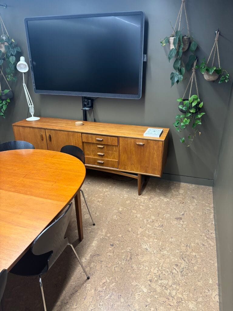 Cork flooring in a furnished mid-century living room